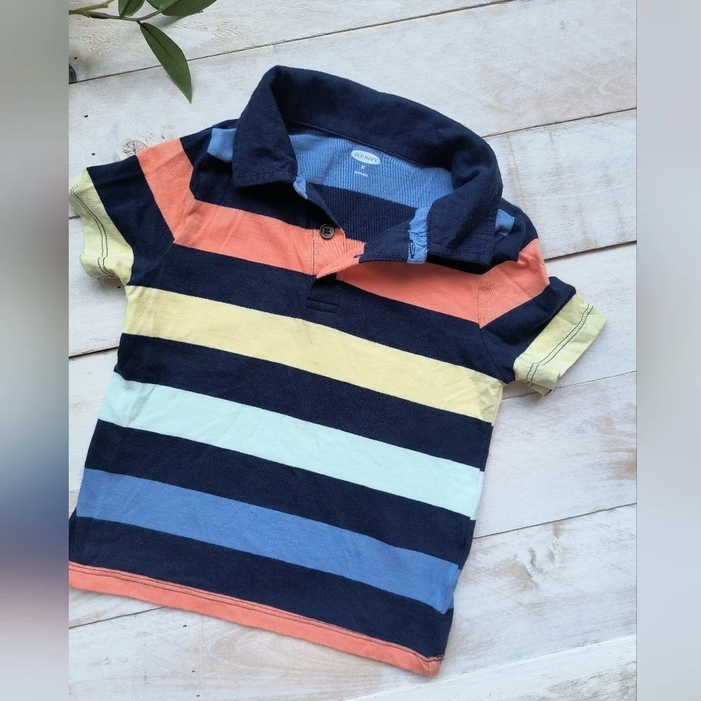 Old Navy Boys Striped Short Sleeve Polo Dress Shirt Multi Colored 3T